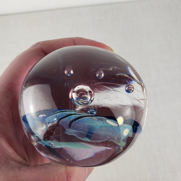 Spherical Art Glass Paperweight Controlled Bubbles Blue Pink Abstract Signed - Picture 7 of 7